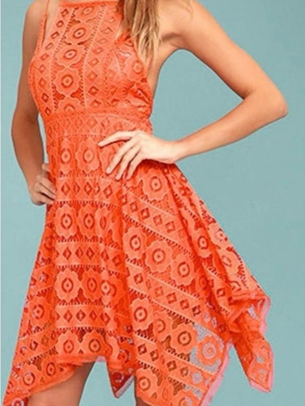 Free People Just Like Honey Vibrant Coral Orange Crochet Lace Mini Dress